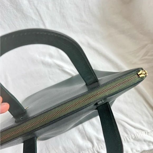 Vintage Celine Logo Plate Leather Tote Green Gold Hardware Authentic - Picture 4 of 8